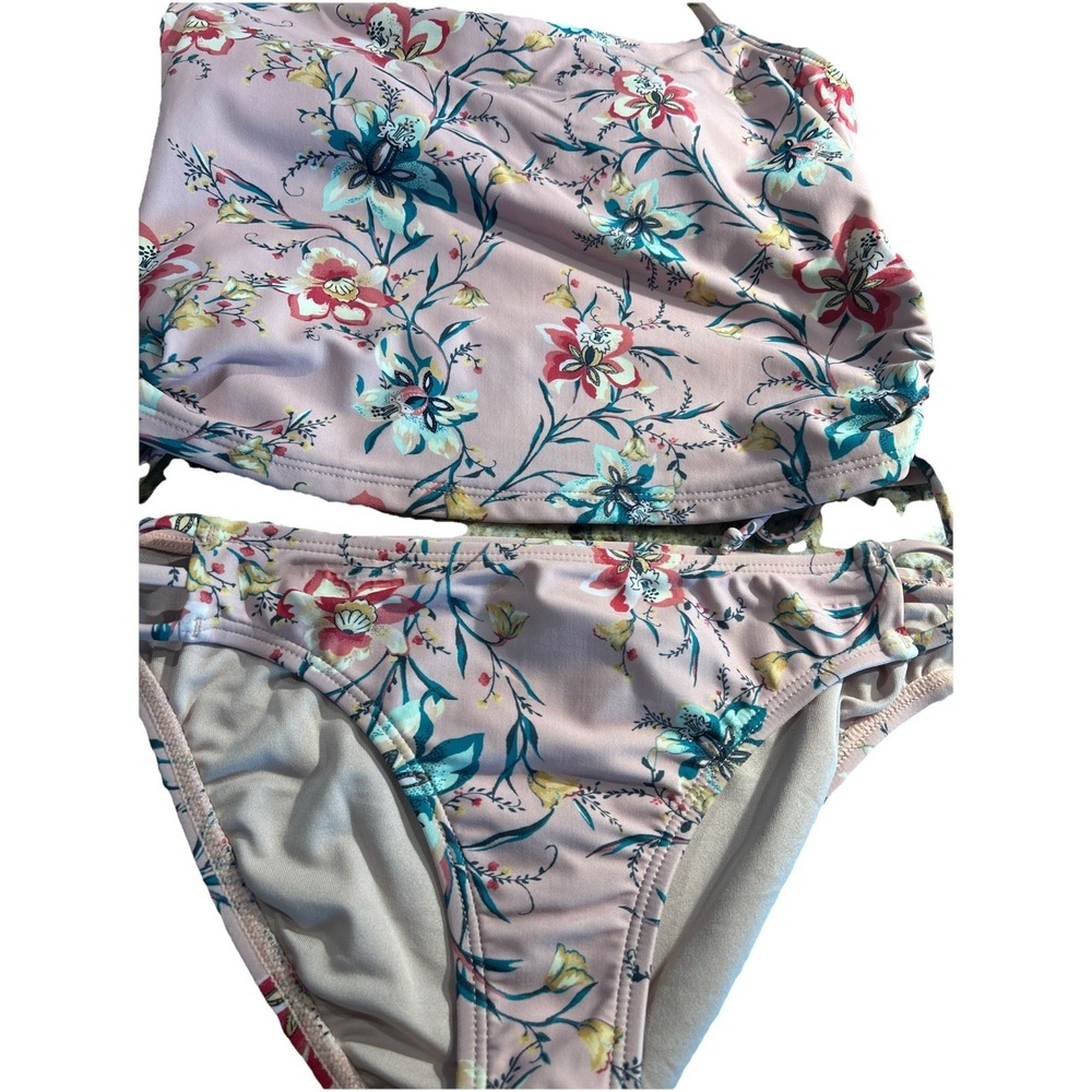 O'Neill Blue Floral Print Two Piece Swimsuit Set Ruched‎ Sides NWT